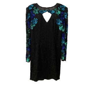 Vintage 80s Laurence Kazar New York Cocktail Dress LARGE Silk Sequin Floral